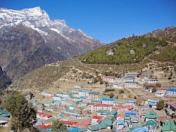 Nepal - Kongde Ri peak above Namache Bazaar - main trading center in the Khumbu Valley